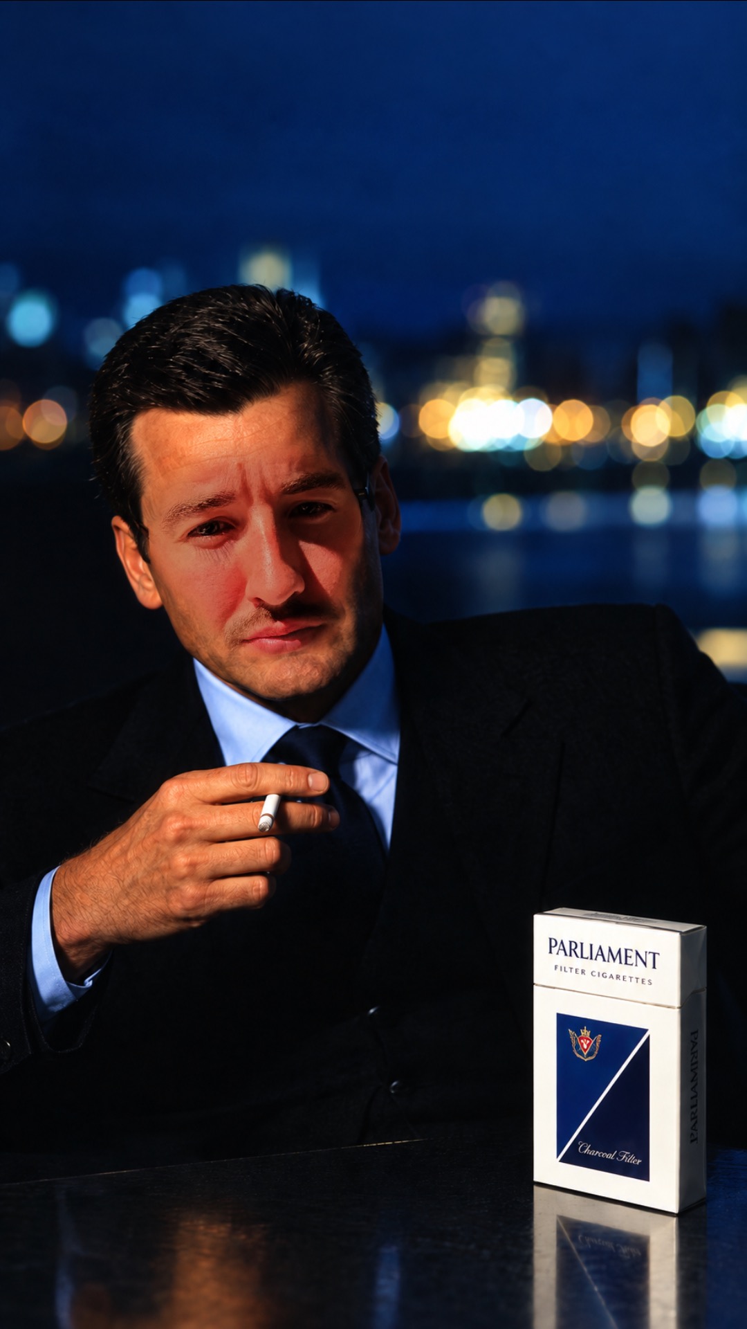 Marc im dunklen Anzug vor nächtlicher Skyline